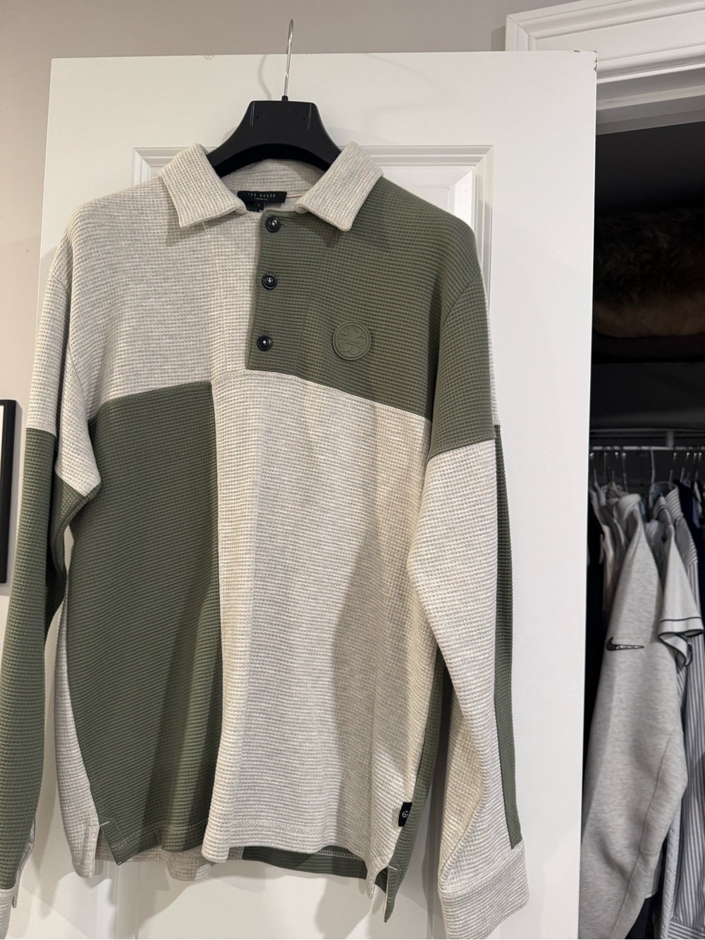 Ted Baker Olive and Cream Waffle-Knit Long Sleeve Polo